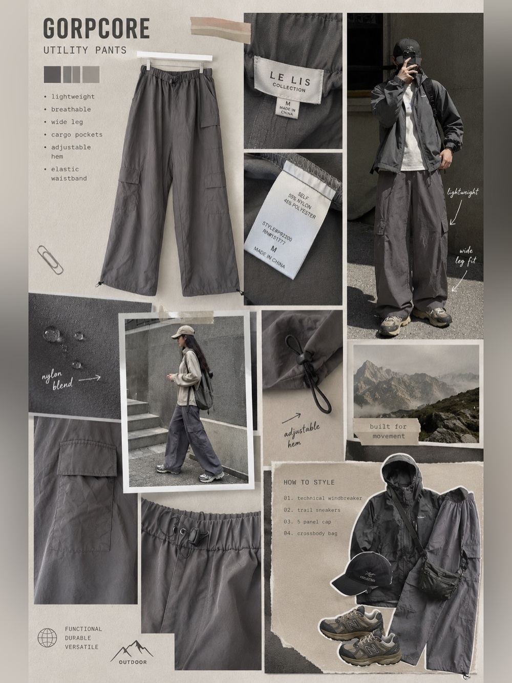 Le Lis Gray Wide Leg Cargo Pants | Gorpcore Utility Parachute Style | M